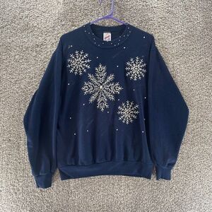 Vintage Snowflake Sweatshirt Womens Medium Blue Pullover Jerzees Made In USA